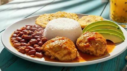 Traditional Dominican flag lunch plate with stewed chicken, white rice, red beans, and avocado. Served with fresh juice on a table.