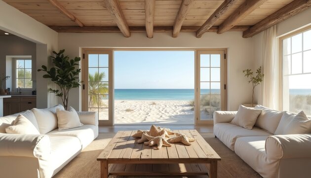 Living room with white sofas faces beach view through glass doors. Rustic wood beams on ceiling, wooden table with starfish decor. Tropical palm trees and blue ocean visible. - Powered by Adobe