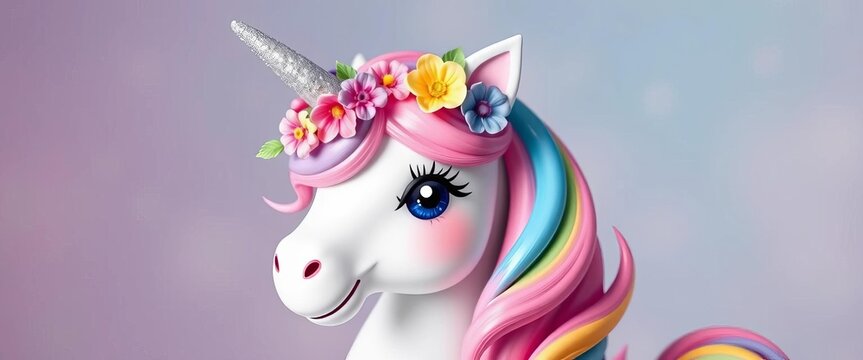 Adorable pastel unicorn with rainbow mane and horn, sparkling eyes, floral crown,  crown,  pony