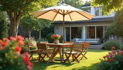 Obraz premium Sunny backyard features wooden dining table and chairs under large umbrella. Modern house with outdoor lounge is in background. Green garden with trees and blooming flowers creates peaceful setting.