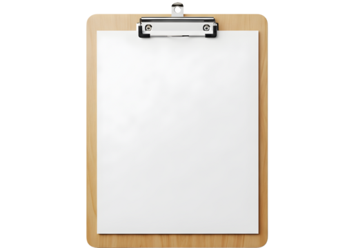 Blank paper on wooden clipboard with metal clip isolated on black background