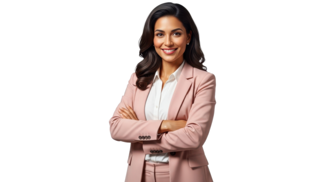 Confident businesswoman in pink suit smiles warmly ready to represent her company with charm and poise today
