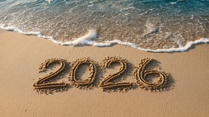 Year 2026 Written in Sand on a Beach with Gentle Waves Lapping the Shoreline, Capturing a Serene Coastal Moment and Future Reflections