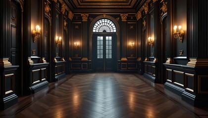 Obraz premium Ornate black, gold interior hall with arched window doors, ornate wall sconces, polished wood parquet floor reflecting warm light. Elegant, luxurious, empty room with classical architectural details