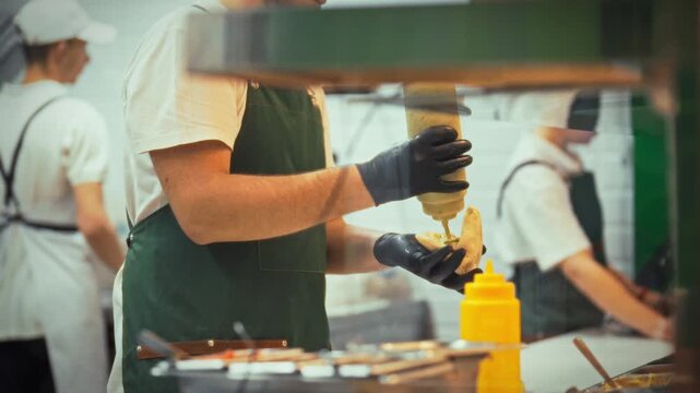 A chef in a fast food restaurant carefully adds sauce to hamburgers using a special bottle. The scene highlights the bustling kitchen atmosphere with other staff members working