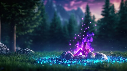 Magical campfire with blue and purple flames lighting up an ancient campsite