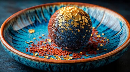 Luxurious dark chocolate truffle sphere decorated with gold flakes and cocoa powder in a blue ceramic bowl - Powered by Adobe