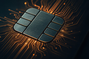 Microchip close up glowing circuit board technology with detailed electronic pattern and metallic chip surface in dark background