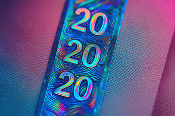 Holographic security strip on banknote showing repeated number 20 with colorful iridescent patterns and textured background, symbolizing currency authenticity and anti counterfeit technology