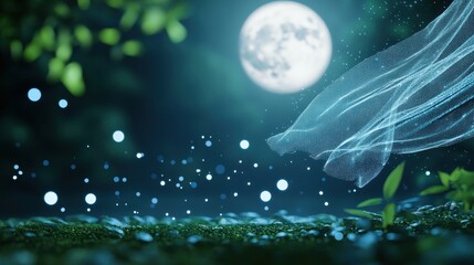 Ethereal veil floating midair in a moonlit glade, glowing softly with magical particles