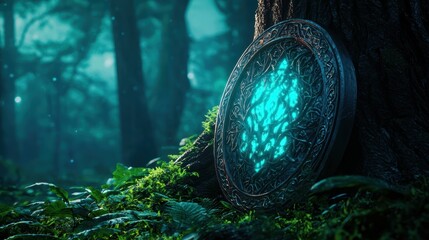 Ornate shield with glowing runes resting against a tree in an ancient enchanted forest