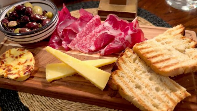 charcuterie board of sourdough bread cheese olives and cured salami meat platter