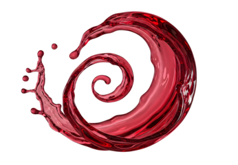Dynamic red wine splash swirling into a spiral on black background