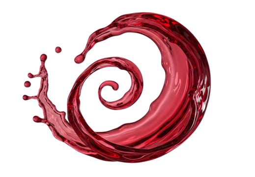 Dynamic red wine splash swirling into a spiral on black background