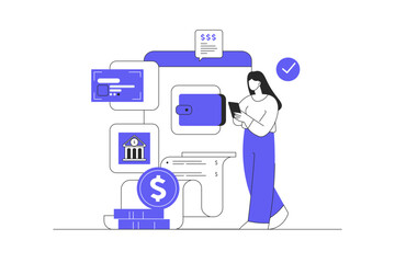 Woman paying money online transfer, digital payment, e wallet, mobile transaction concept. Flat Cartoon Vector Illustration, icon Stylish abstract design landing page web