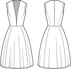 Elegant sleeveless women’s midi dress technical flat sketch featuring deep V-neck front, fitted bodice, flared skirt design, and clean back detailing