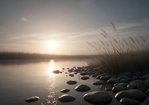 Calm waters meet soft shores at the twilight of a serene evening