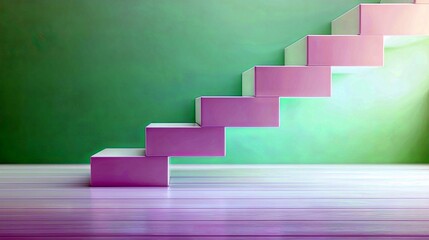 A series of minimalist, pink, cantilevered stairs ascend diagonally against a textured, vibrant green wall. The floor is a light-colored wooden surface with a s