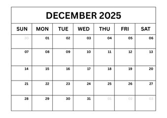Editable December 2025 Clean Calendar Template for Office Planning, Work Schedule, and Daily Tasks
