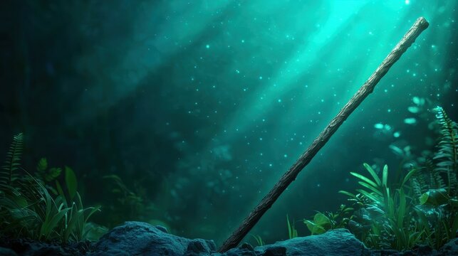 Enchanted staff leaning against a tree in a mystical forest clearing