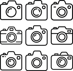 Collection of simple line art camera icons in a grid layout