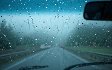 View through a car windshield on a foggy day with raindrops obscuring the road ahead and the shapes of distant vehicles
