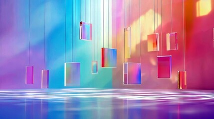 Multiple rectangular prisms of varying sizes and colors are suspended by thin threads against a gradient background of blue, purple, pink, and yellow. The floor