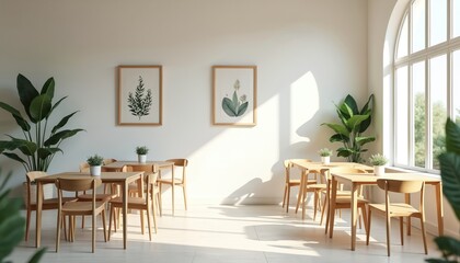 Fototapeta premium Minimalist coffee shop interior with wooden tables, chairs. Tall green plants add natural decor. Soft natural light streams through large arched window. Clean space with simple framed botanical art