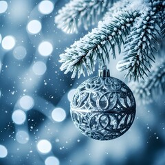 Blue Winter Christmas Ornaments Hanging on Frosted Pine Branches with Snow Bokeh Lights Silver Baubles Icy Cold Holiday Decor Festive Seasonal Winter Wonderland Scene Design Template