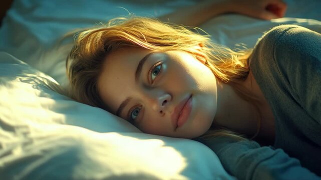 A woman with closed eyes sleeping on a bed, with soft light shining on her face.