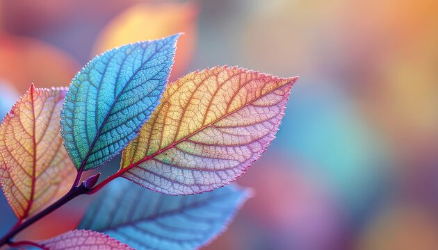Close up of colorful autumn leaves with frost and bokeh background in warm sunlight