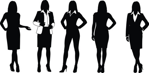 Set of confident business women silhouettes standing in suits and dresses, professional female poses vector illustration isolated on white.