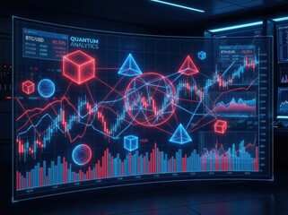 Futuristic quantum analytics display with interconnected geometric shapes and financial data visualization.