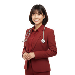 Confident young female doctor in professional attire exudes competence and healthcare assurance