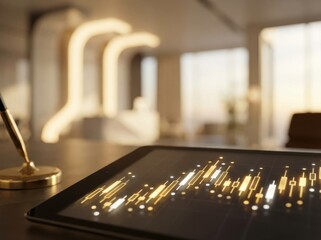 A close-up view of a tablet displaying financial data, with a pen holder in the background.