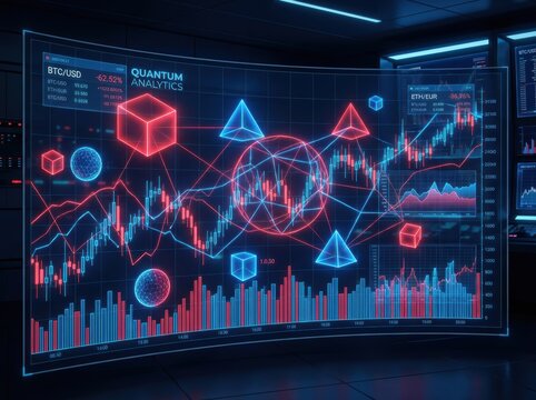 Futuristic quantum analytics display with interconnected geometric shapes and financial data visualization.