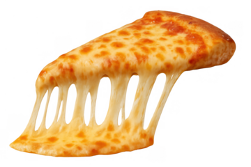 Pizza slice pulling stringy melted cheese, mozzarella topping, classic italian fast food, transparent background
