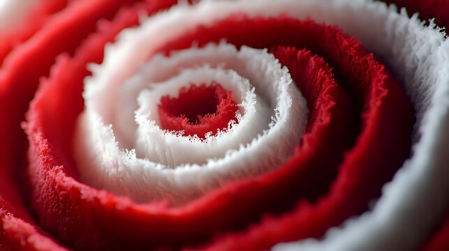 Vibrant red and white spiral pattern of soft fabric creating a hypnotic swirl effect, perfect for festive holiday designs or abstract backgrounds.