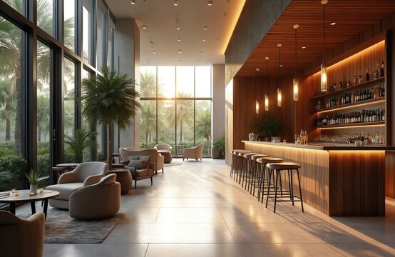 Modern resort lobby bar area with comfortable seating, tropical palm trees visible through large windows. Illuminated wooden bar with stools offers place to relax, enjoy drinks. Natural light fills