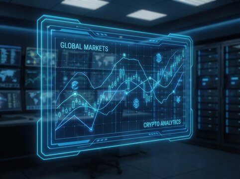 A futuristic display showing global market data and crypto analytics in a server room.