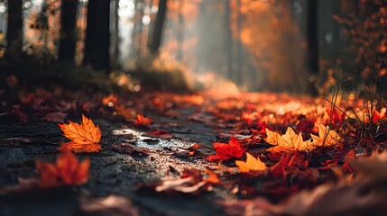 Sunlit autumn forest path covered with vibrant orange and red fallen maple leaves, creating a magical woodland scene with misty light rays filtering through trees.