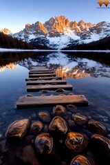 Fototapeta premium Wooden jetty on alpine lake with snow-capped mountains glowing orange at sunset, perfect mirror reflection in calm water.
