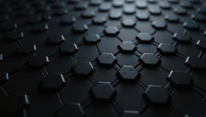 Fototapeta premium Black honeycomb pattern forms a repeating geometric background. Hexagonal shapes connect in a network, creating a modern, abstract, textured surface with depth and a sense of structure.
