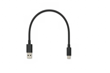 Black USB A to USB C cable for data transfer and charging, top view. Isolated on transparent background, png