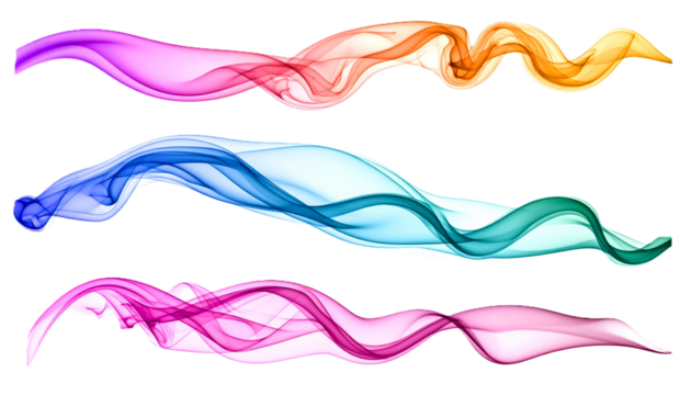 Collection of Abstract Colorful Smoke Trails Cut Out, Wavy Gradient Vapor Elements Isolated for Digital Design