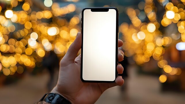 Hand holding smartphone with blank white screen against blurred golden bokeh lights background, perfect for app or website mockup.