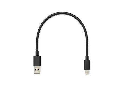 Black USB A to USB C cable for data transfer and charging, top view. Isolated on transparent background, png