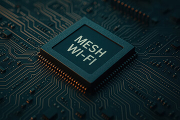 Mesh Wi Fi chipset close up on circuit board with intricate electronic pathways and glowing connections, showcasing advanced technology and modern wireless communication design