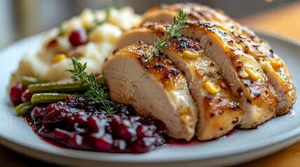 Juicy sliced roasted turkey breast with cranberry sauce, mashed potatoes, and green beans on white plate. Perfect for holiday dinner menus.