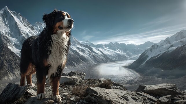 Bernese mountain dog standing on rocky outcrop overlooking majestic glacier valley and snow-capped mountain range in dramatic alpine landscape.
